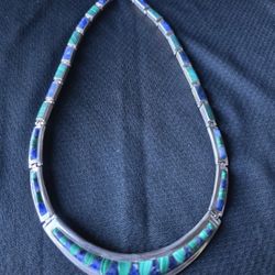 Vintage Mexico 950 Sterling Choker Lapiz And Malachite