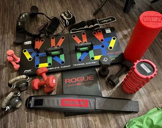 Weights gym equipment ROGUE belt, abmat, 2x10 lb kettlebells, dumbbells, pushups training system etc.$80 FIRM