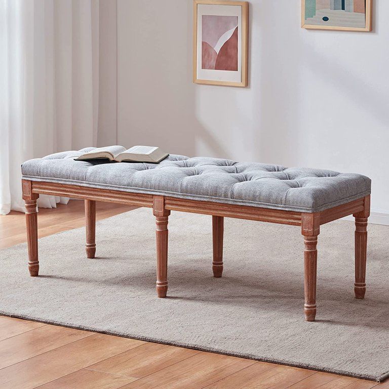 Upholstered End of Bed Bench with Carved Wooden Leg, Extra-Long Bedroom Bench for Foot of Bed, Mid-Century Dining Bench for Kitchen, Living Room