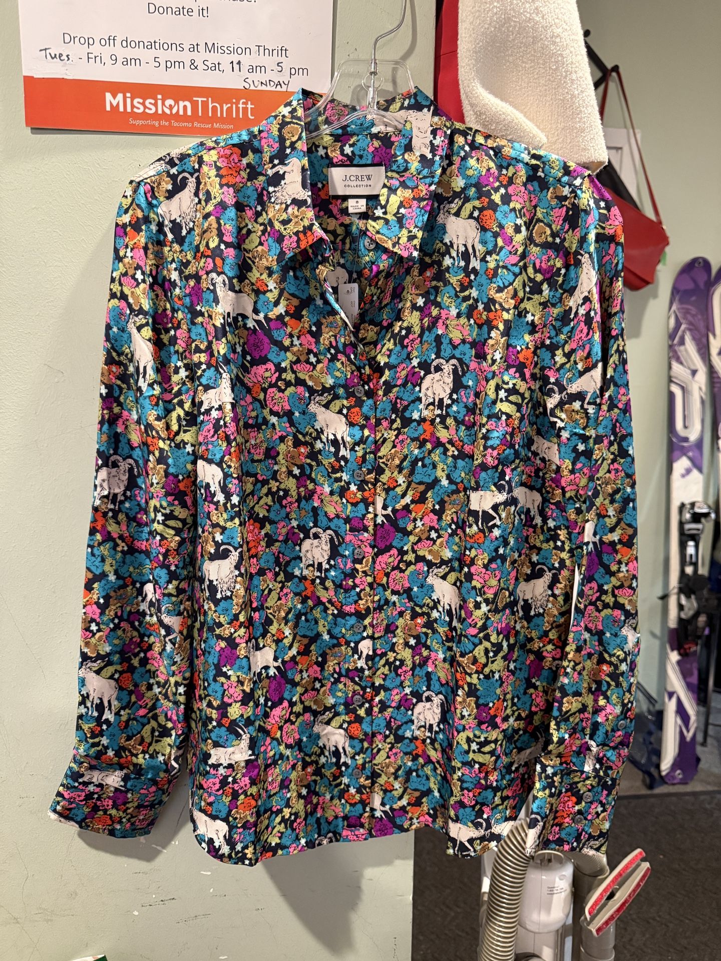 New J Crew Collection Silk Twill Shirt Grazing Goats Print NWT Sz 8