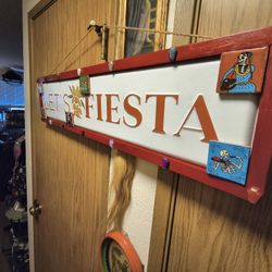 Large "Let's Fiesta" Sign, Ceramic Coated Metal In Wood Frame