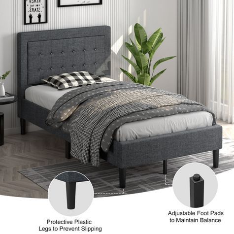 Twin Size Upholstered Bed Frame Button Tufted Headboard Mattress Foundation Grey .