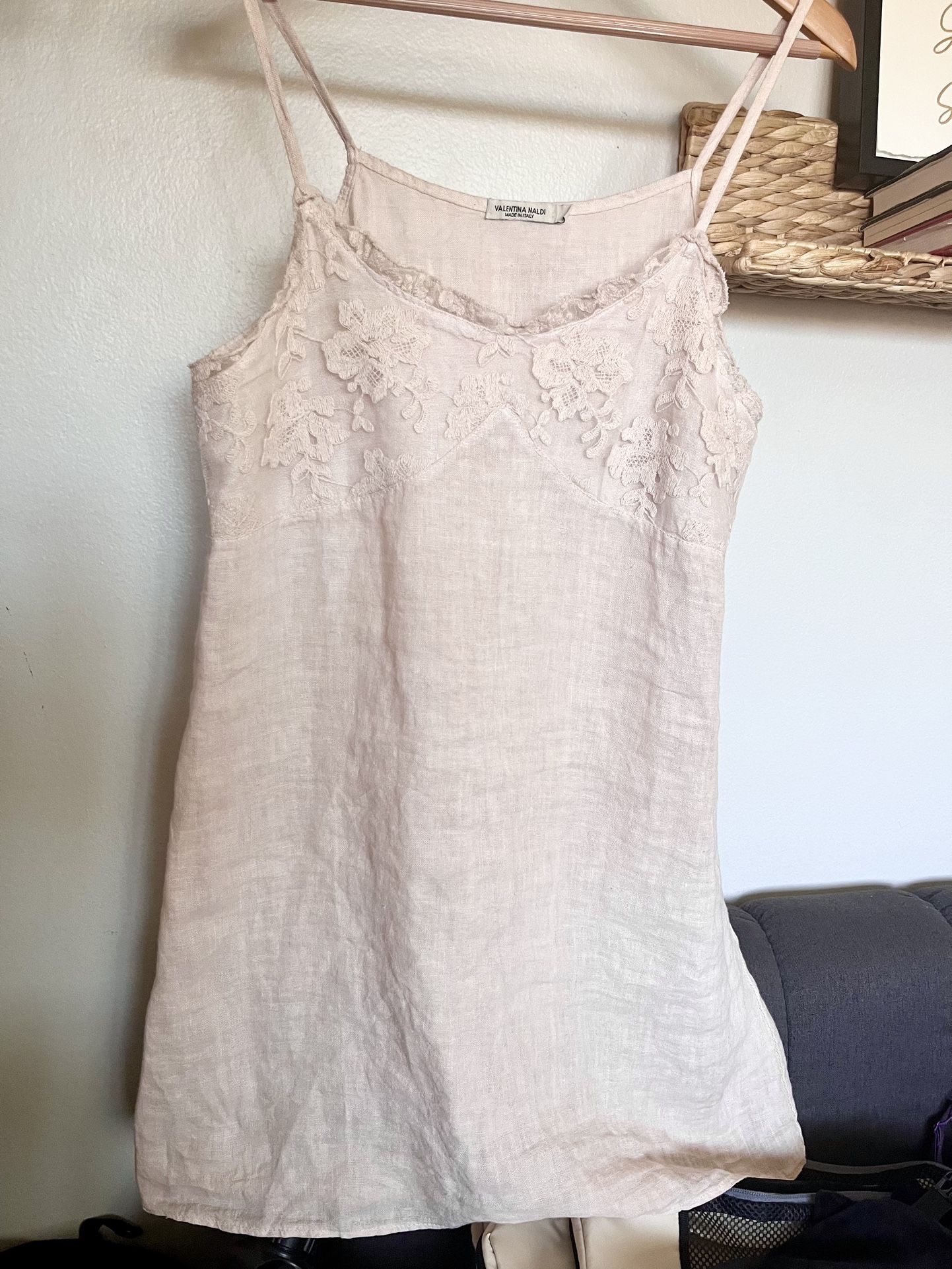 chinese dress ladies Valentina Naldi white 100% linen spagetti strap dress size L (best fit   Dear Little Panko