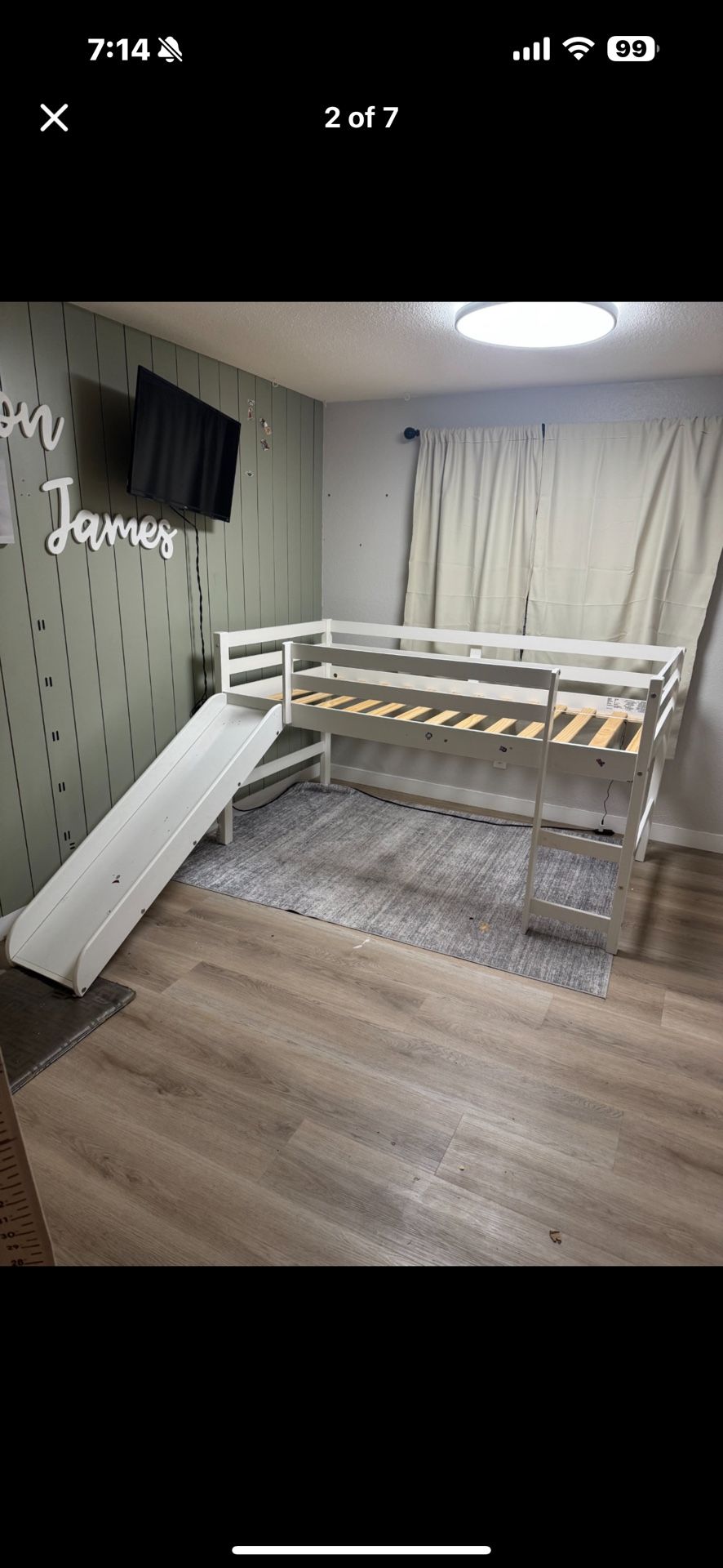 White Twin Size Wood Loft Bed with Slide and Ladder