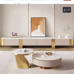 78.7'' Modern TV Stands, White Glossy sintered stone top, gold legs, 4 Drawers - 78.74