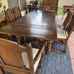 Vintage Oak Wood Veterans Home Dining Table + 6 Carved Chairs – Sturdy & Classic(China  cabinet needs work)