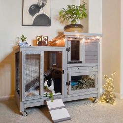 Rabbit Hutch Bunny Hutch Large Rabbit Cage, Indoor Bunny Cage Outdoor Rabbit House (Grey), NEW