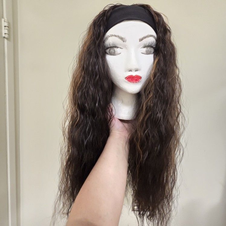 Headband Wig Soft Realistic Synthetic Wavy Curly With Highlights Streaks Dark Brunette And Caramel