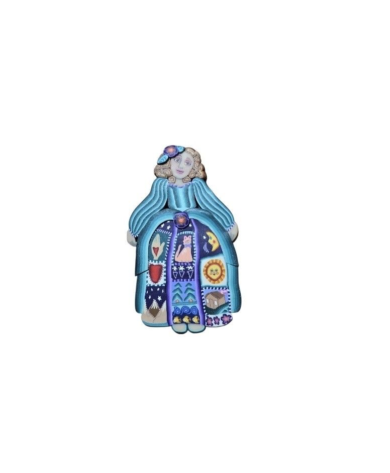 Handmade Folk Art Woman Brooch Polymer Clay Millefiori Quilt Design Whimsical 