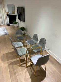 Modern Gold Dining Table with 6 Velvet Chairs
