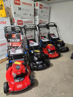 Brand new Toro lawnmowers 
22" Model 21465- $449
Personal Pace SmartStow (159cc)

22" Model 21485- $499
Personal Pace SmartStow MAX (163cc)

30" Model