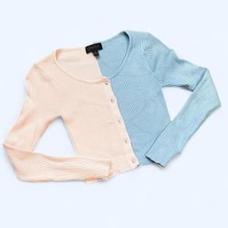 Say What? Women’s Small Light Blue Pink Long Sleeve Button Up Knit Sweater Crop Top