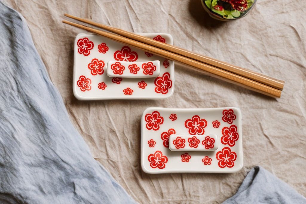 Japan 2000s Porcelain Red White 2 Sauce Dishes & Chopstick Rests, 3.5x2.25”