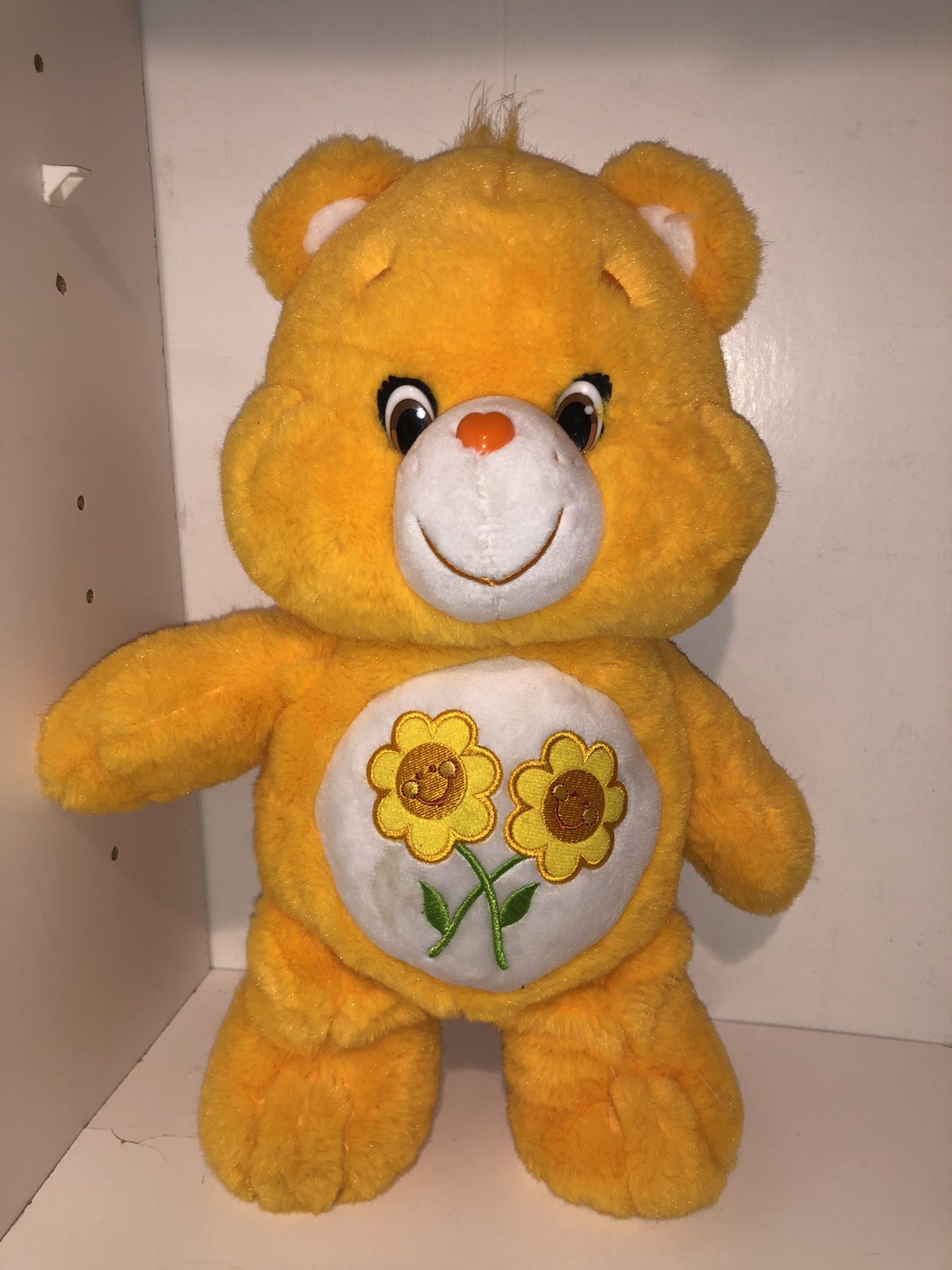 Large 13” tall Friend Bear Carebear with yellow flowers on tummy ! Carebears toy plush doll sale! 💜💜