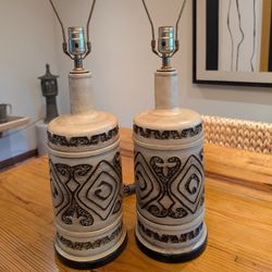 Pair Ceramic Pottery MCM Revival Lamps