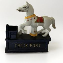 Repro Trick Pony Cast Iron Mechanical Bank Works Whimsy mechanical "Trick Pony" bank is in very good condition. place a coin in the horse's mouth, tap