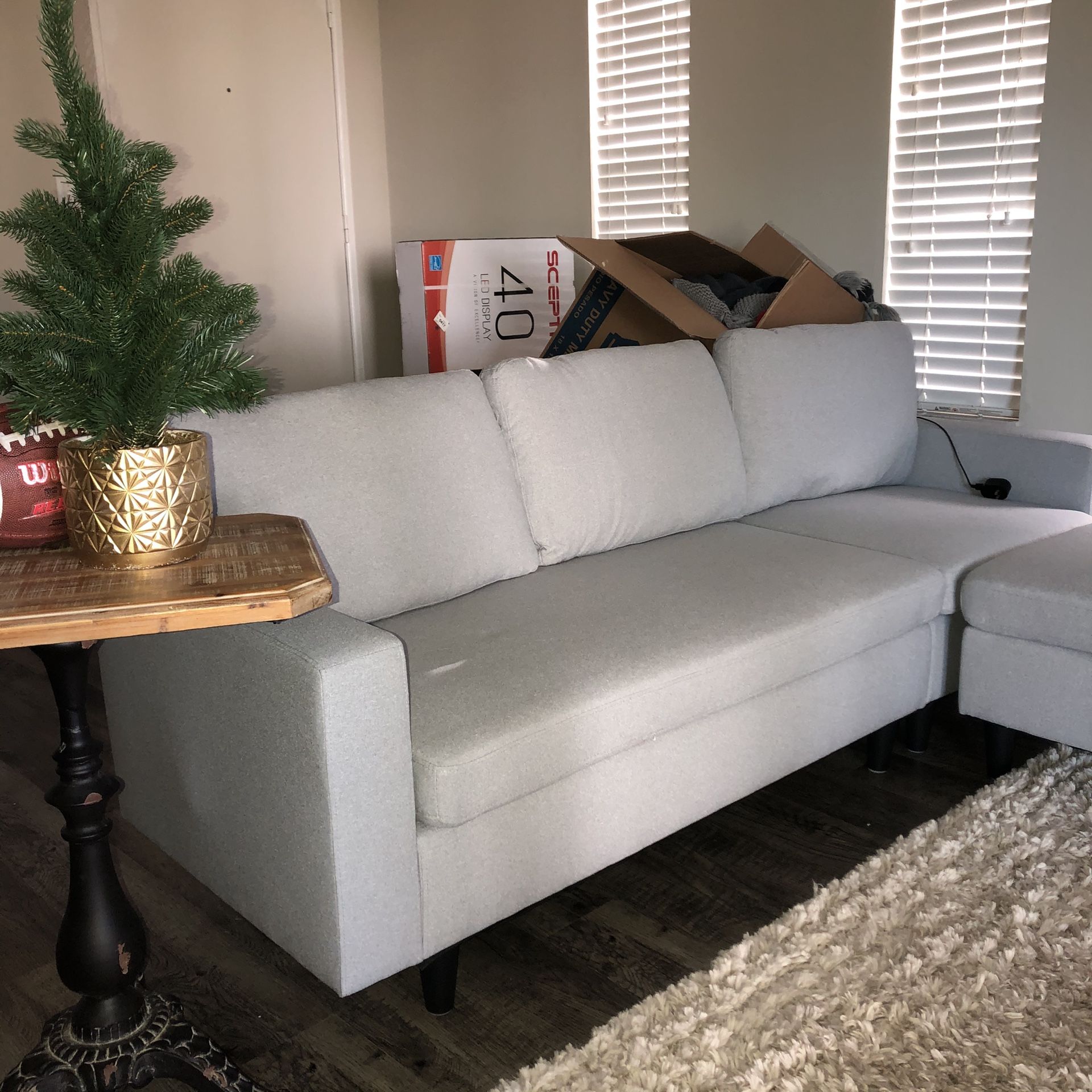 Light Grey Sectional Couch w/ Massaging USB Cushion + Ottoman