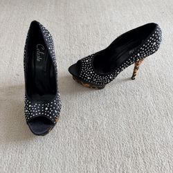 Black Peep Toe Heels with Rhinestones and Leopard Print
