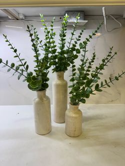 Set of 3 Decorative Ceramic Vases with Faux Greenery