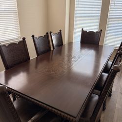 Solid Wood 8–10 Ft Expandable Dining Table + 8 Ornate Chairs – Engraved Centerpiece