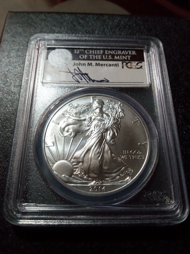 2014 PCGS MS69 Silver Eagle First Strike $1 John Mercanti Hand Signed 