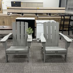 Set of 2, Folding Adirondack Chair with Wood Texture, HDPE All-Weather Fire Pit Chairs, Plastic Adirondack Chairs with 2 Cup Holder, Outdo