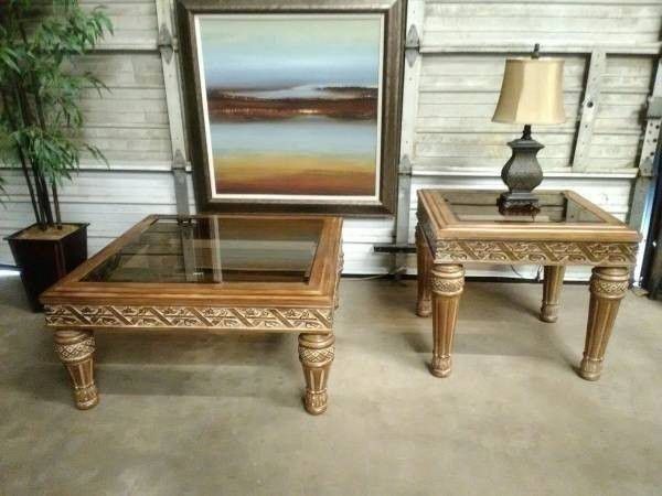 Classic Rust Finish Detailed Native Hand Carvings Hard Wood Coffee + End Table