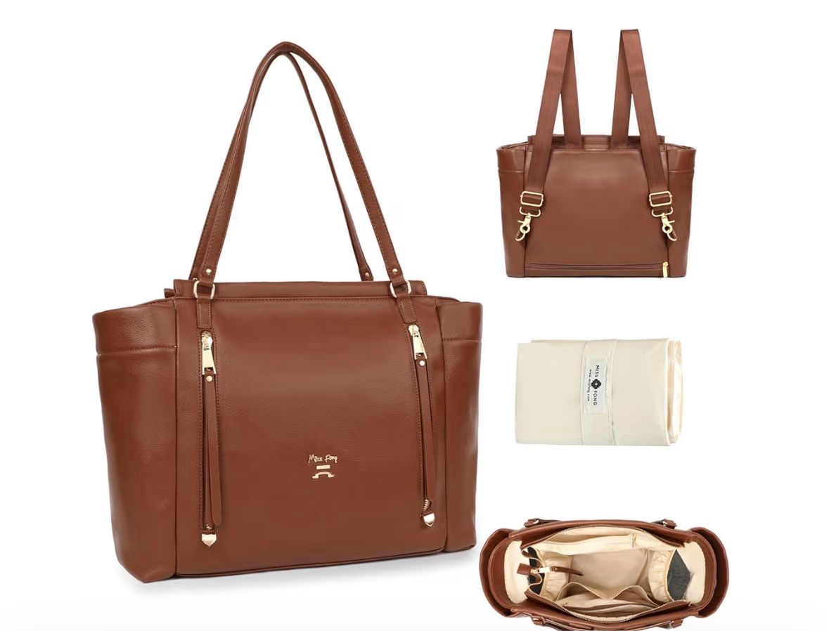 Miss Fong Brown Leather Convertible Tote / Backpack W/ Diaper Bag Diaper Pad & Dustbag