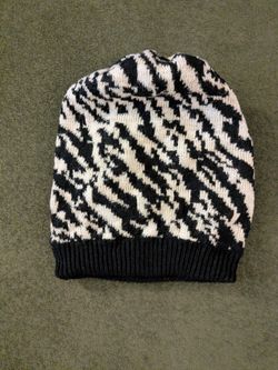 Natasha Black Cream Zebra Print Knit Beanie One Size