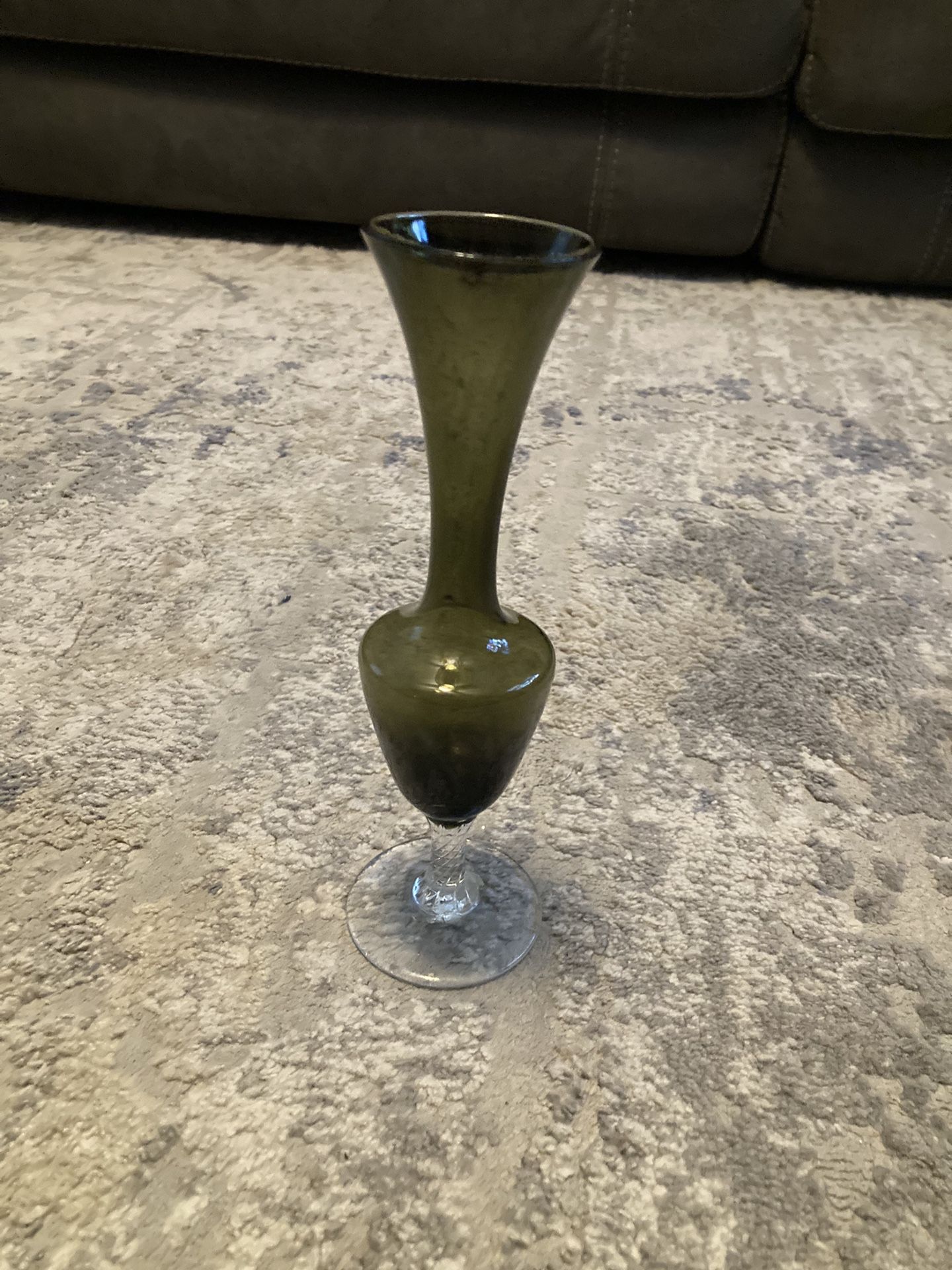 Vintage Footed Olive Green Bud Case Clear Swirl Stem Footed Base