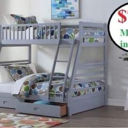 Full Twin Bunk Bed Gray With Storage And Mattress 