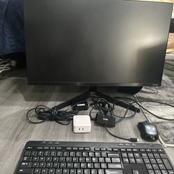 Samsung 27 inch flat monitor with wireless keyboard, mouse. Includes usb C hub which support hdmi and usb. Fast charger for laptop with 2 usb C points