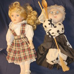 Vintage School Girl Porcelain Doll Plaid Dress Curly Hair ( missing 1 shoe)$8
witch doll with broom and wooden spoon $8 

Pick up in Harlingen near Wa