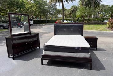 Queen Bedroom Set with Tufted Headboard, Dresser, Mirror, and Nightstand, Box spring and Mattress