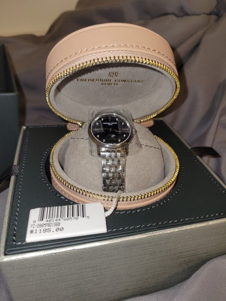 Frederique constant slimline moonphase diamond accent stainless steel ladies watch Swiss made