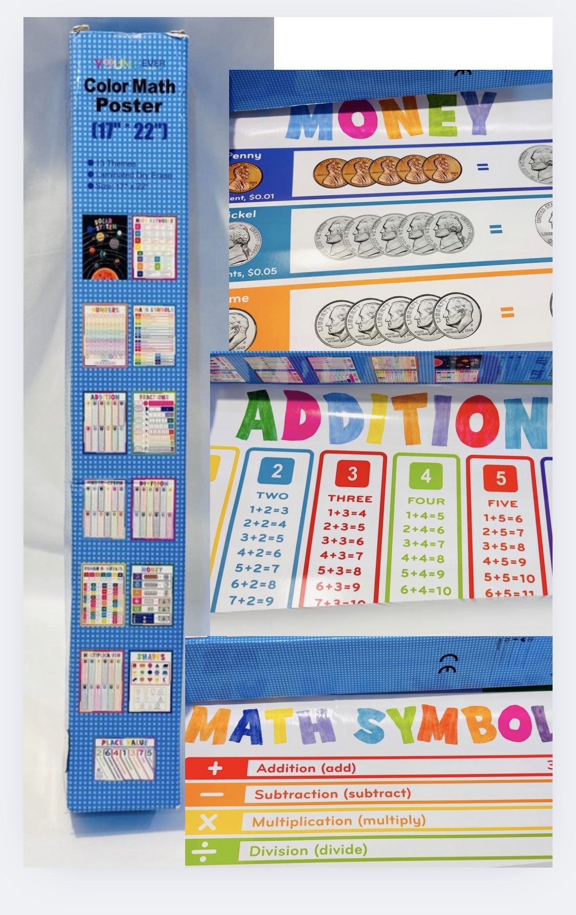 Color Math Posters NIB 17x22 Laminated Set Of 13 Bright Colored Dry Erase Teach