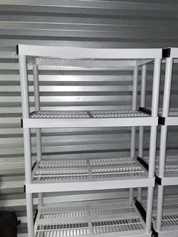 Plastic storage shelves and cabinets