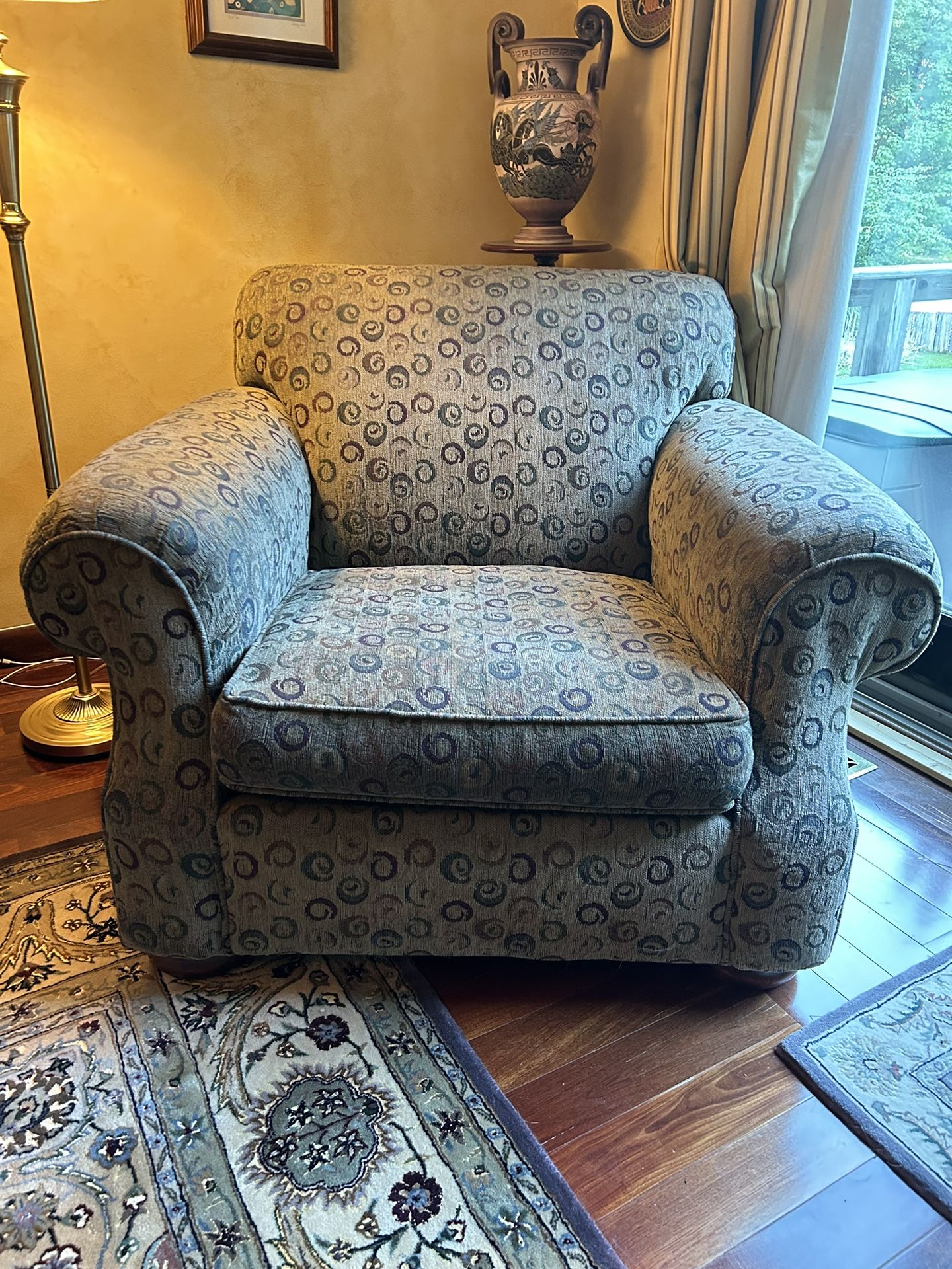 ROWE Custom Upholstered Comfy Bohemian Chair With Ottoman In Beige Green And Purple
