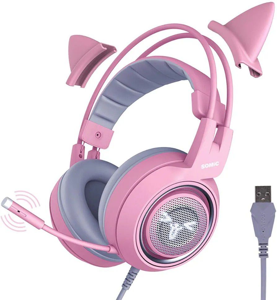 SOMIC G951 Pink USB Gaming Headset for PC, PS4, PS5, Laptop, w/Noise Cancelling Mic and Cat Ears