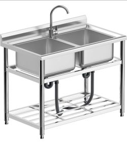 Freestancing Double Bowl Stainless Steel Utility Sink 42x25x35 Pull-Down Faucet