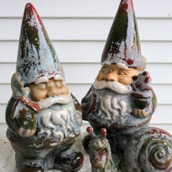 Ceramic Garden Gnome Set and Snail Statue - Yard Decorations 