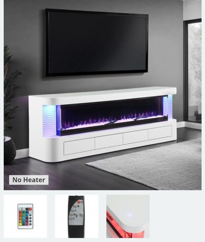 Btand New White Lacquer 71" TV Stand w/ Electric Fire Place (71"W X 15.5"D X 27"H)