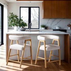 New Set of 2 Counter Stools with Curved Back and Boucle Upholstery Solid Wood