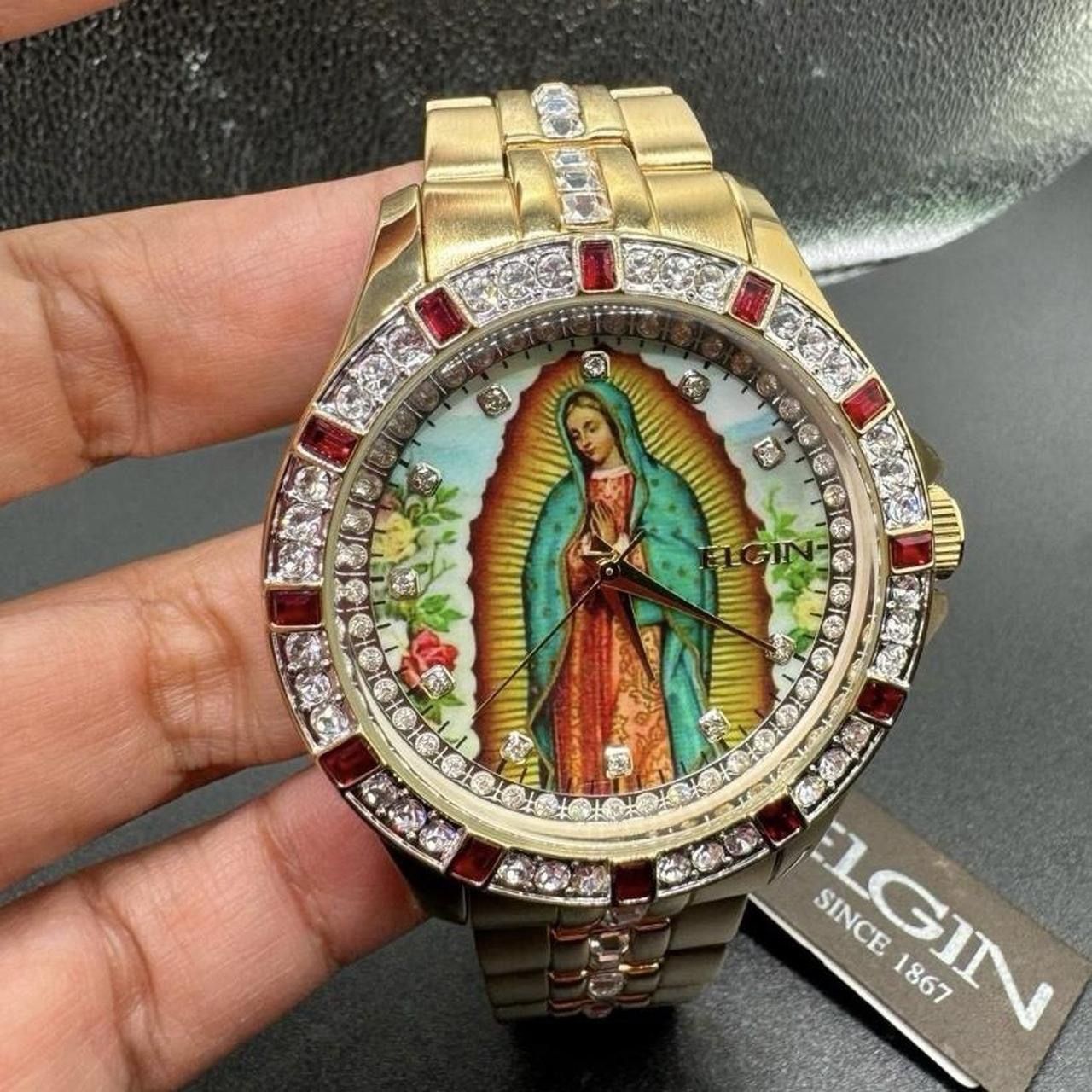Elgin Watch Guadalope Christian Figure Mama Mary Christian Figure For Men Color Goldtone Brand New Item New Battery Inside Large Size 42 mm Diamete