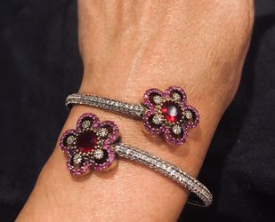 Flowers Ruby Topaz Sterling Silver .925 & Bronze Bangle Bracelet (No Clasp)