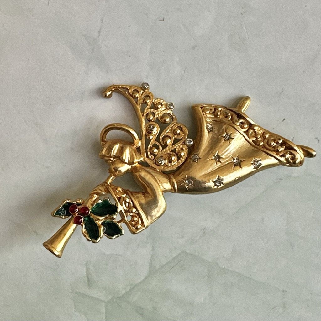 Vintage Gold-Tone Angel Brooch w/ Enamel Holly & Rhinestones