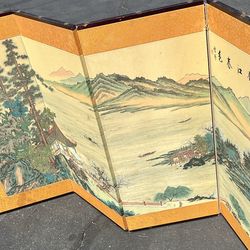 Japanese 1800s 4 Panel Folding Screen Asian Painted Chinese
