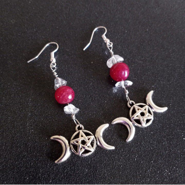 Red agate and quartz star and crescent moon pentagram dangle earrings