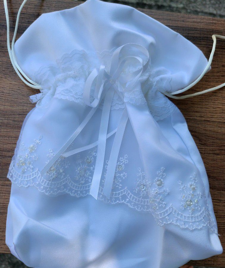 White Satin Wedding Money Bag Embroidery, Beads & Lace