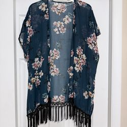 Xhilaration Floral Kimono with Black Fringe - Size XS/S